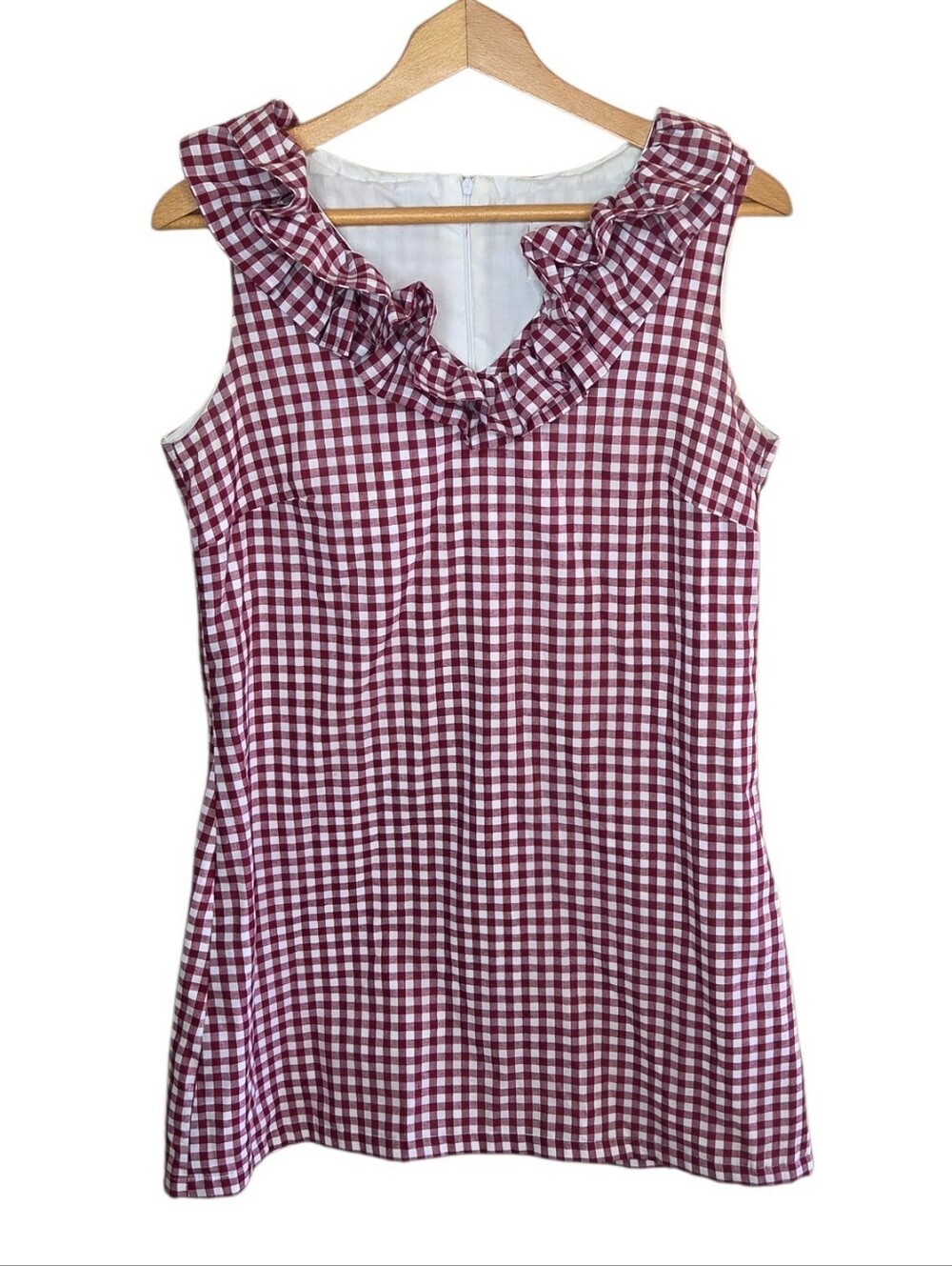 Elizabeth Wilson Burgundy White Gingham Check Ruffle Neckline Shift Dress Small